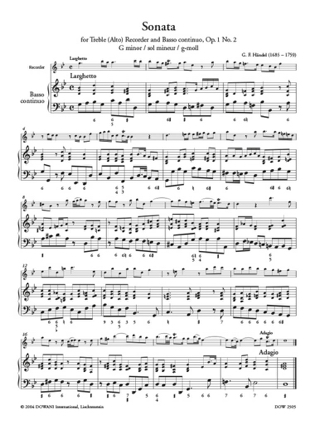 Sonate op. 1 n° 2 sol min. - Treble recorder Bc - HAENDEL - Partition